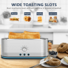Four-piece toaster with silver finish, 7 baking levels, defrost/reheat/cancel function, 4×1.5-inch slots, anti-clogging design
