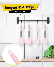 Pack of 4 Silicone Cooking Utensils Set, Non Stick Large Solid Spatulas, Heat Resistant Pink Slotted Spoons, Ideal BPA Free Kitchen Turners for F