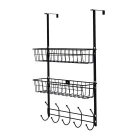 Over The Door Hooks Organizer Door Towel Rack Hanger 5 Hooks with 2 Metal Baskets for Bathroom Bedroom Kitchen Storage Shelf (Option: DoorHangerBlack)