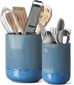 Utensil Holder for Kitchen Counter, 7.3"+5.4" Fluted Ceramic Utensil Crock Organizer for Countertop, Heavy Large Holder for Spatulas, Spoons, Set (Material: Ceramic)